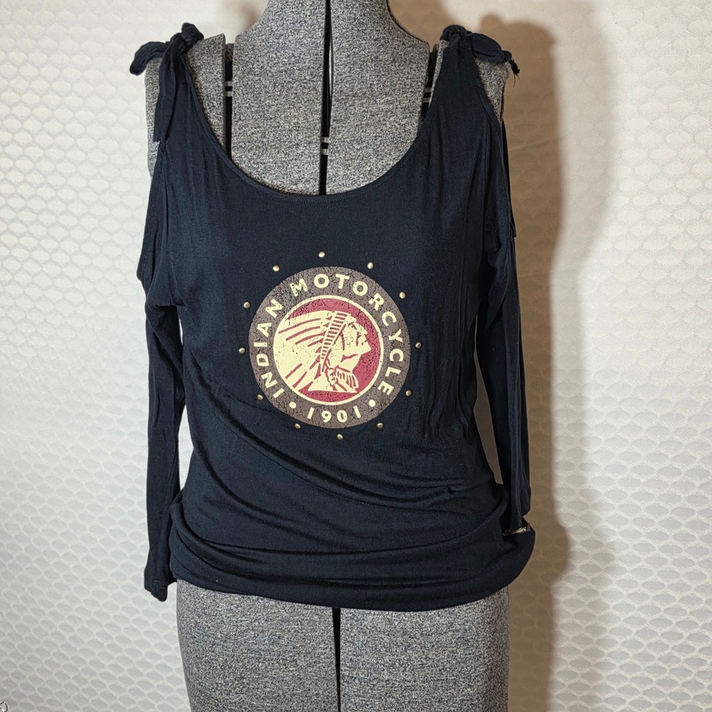 Indian Motorcycle Womens Black Cold Shoulder Long Sleeve Graphic Studded Top M